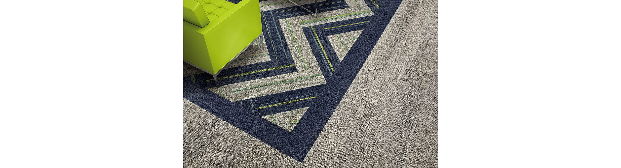 Interface Harmonize and Ground Waves plank carpet tiles with neon green chair image number 3